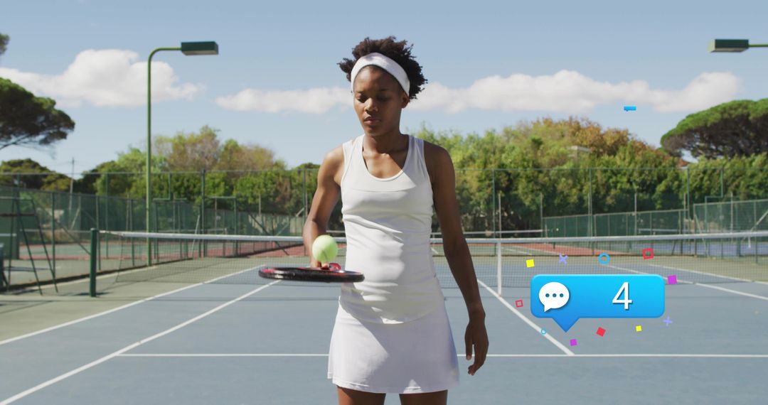 Tennis Player Balancing Ball on Racket on Blue Court with Social Chat Notification