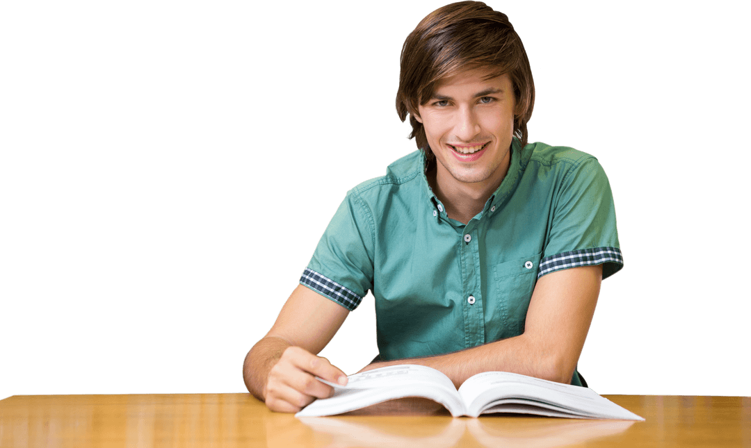 Student Reading Book at Transparent Desk in University