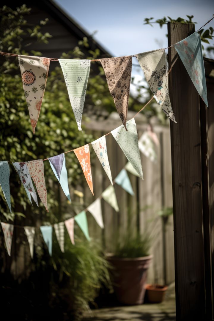 Strings of bunting in sunny garden, created using generative ai technology - Free Images, Stock Photos and Pictures on Pikwizard.com