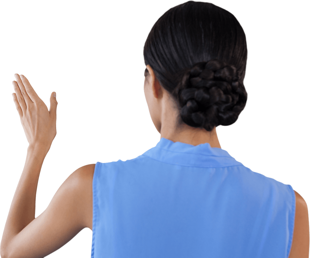 Businesswoman with Bun Using Transparent Virtual Interface