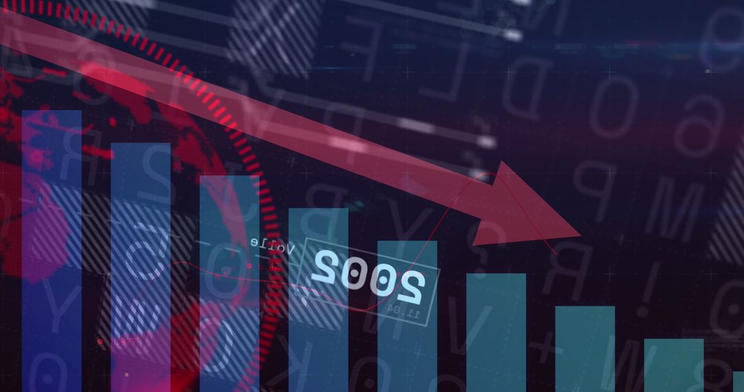 Abstract Falling Bar Charts and Red Arrow Indicates Global Market Decline