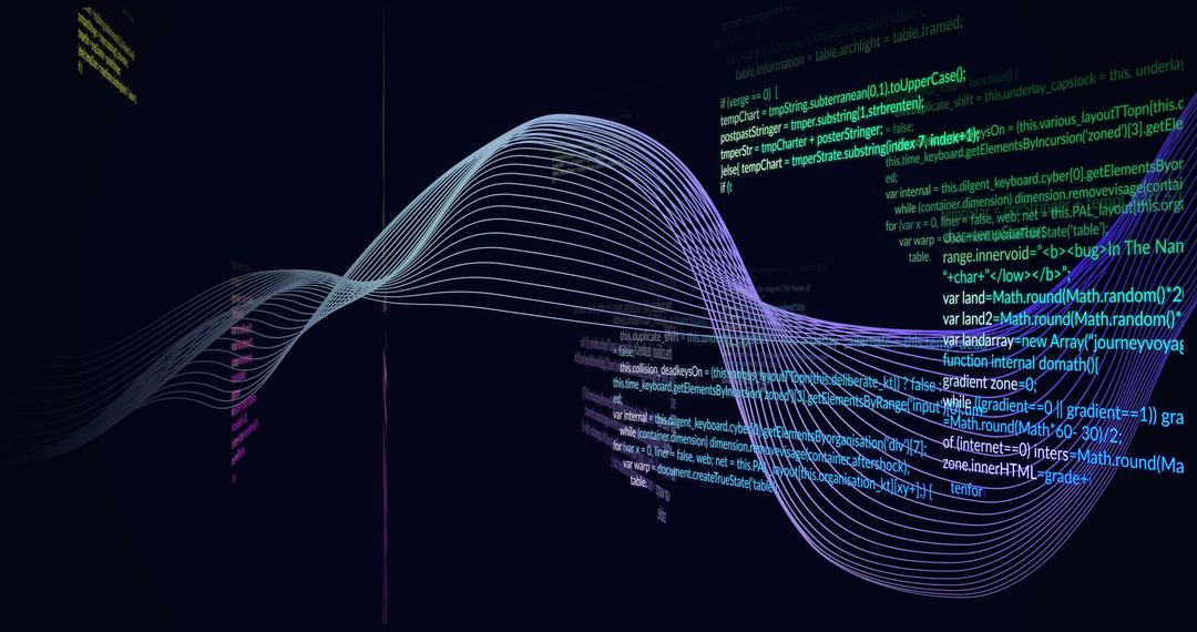 Futuristic Wave Overlaying Colorful Programming Code on Dark Background