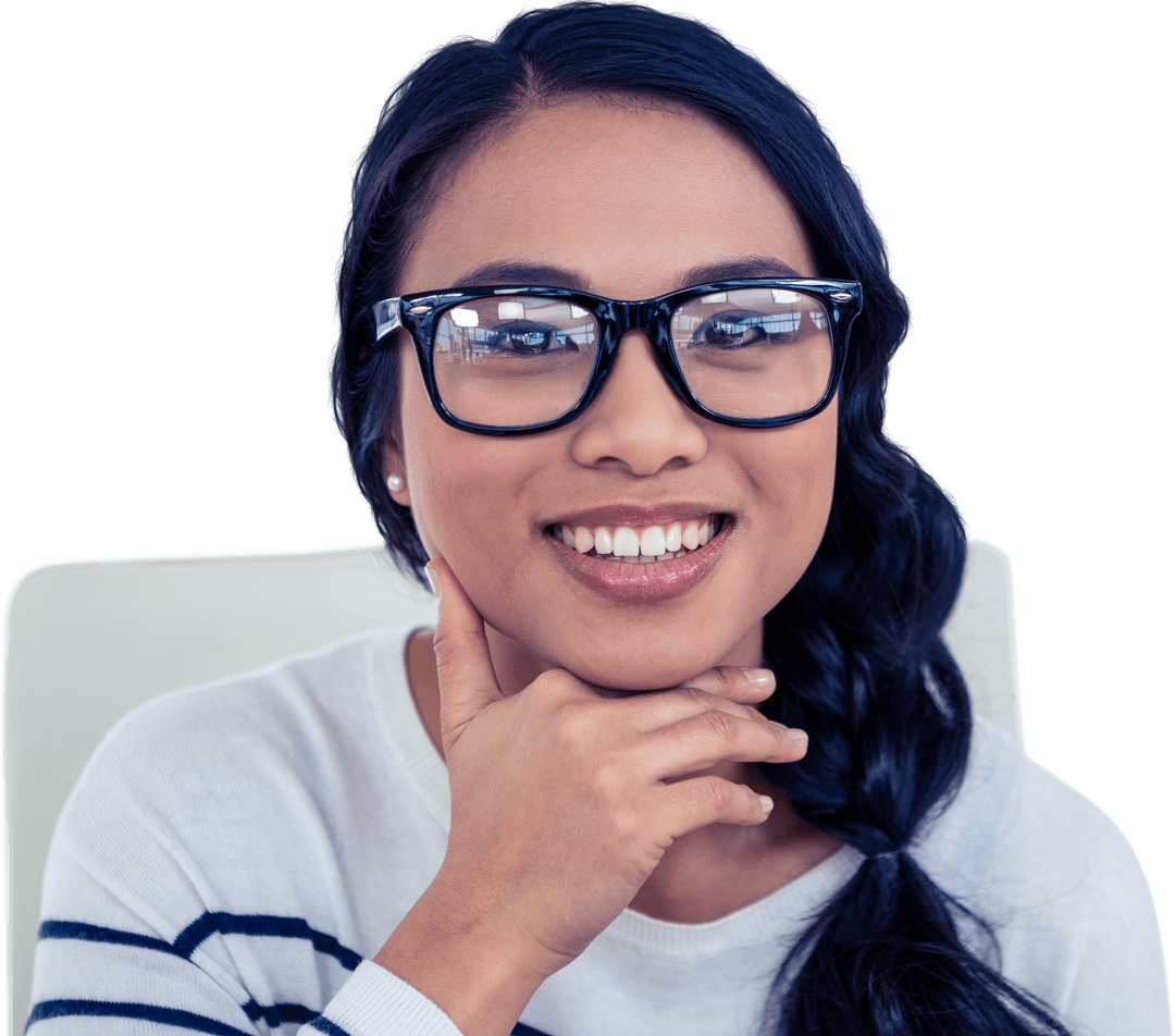 Transparent Smiling Woman with Glasses at Desk