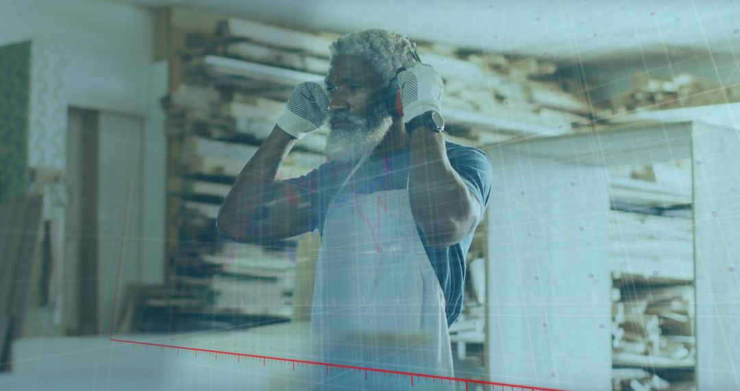 Skilled Craftsman Adjusting Earmuffs in Rustic Woodworking Workshop