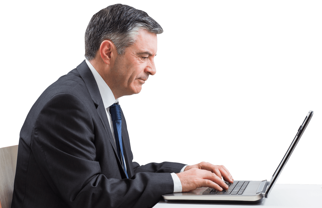 Transparent Side View for Senior Businessman Working on Laptop