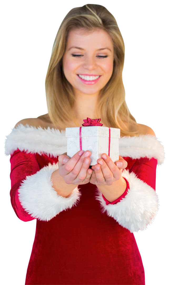 Smiling Woman in Santa Outfit Presenting Gift Box Transparent - Download Free Stock Images Pikwizard.com