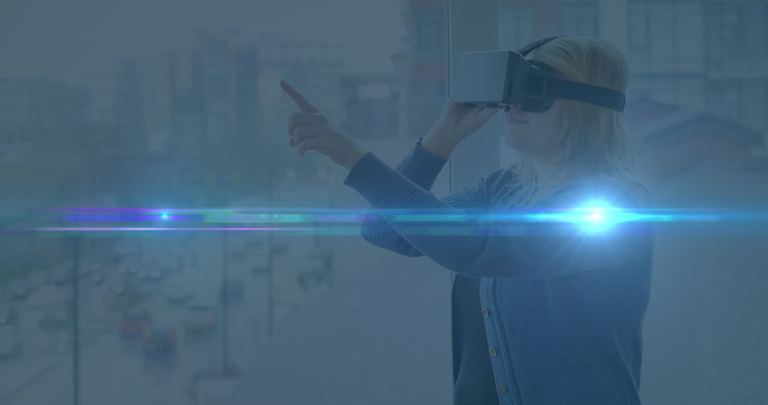 Caucasian Woman Engaging with Virtual Reality in Urban Environment