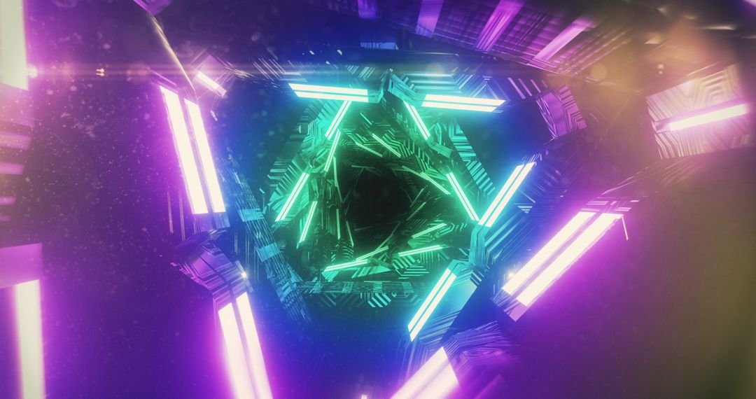 Neon Triangle Tunnel with Vibrant Light Trails