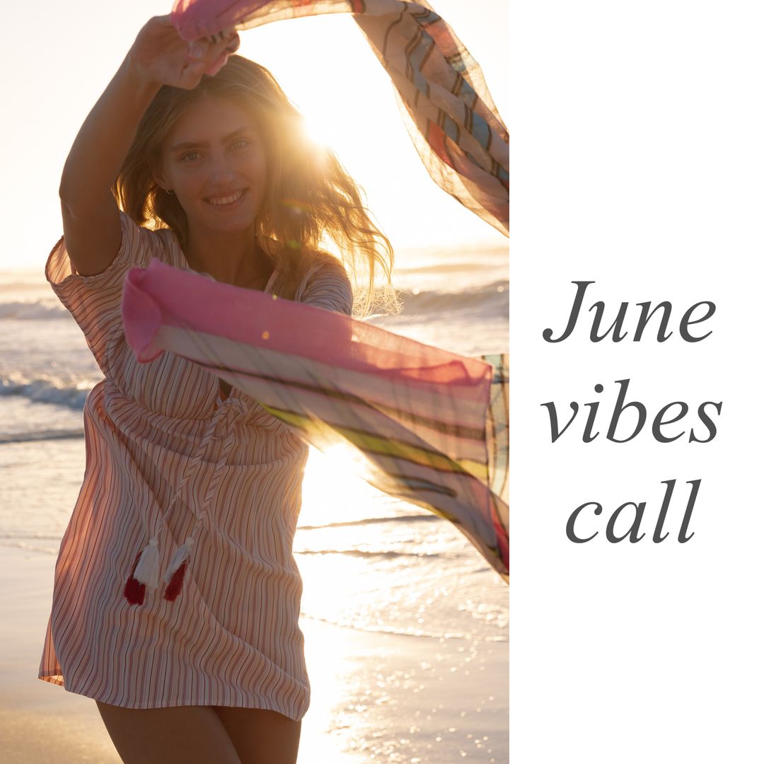 Joyful Caucasian Woman Enjoying Seaside in Summer Sunset