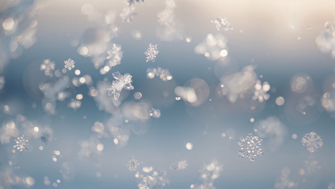 Drifting Snowflakes Sparkling in Dawn Bokeh, Frosted Ice Crystals Macro Backlit Winter Morning