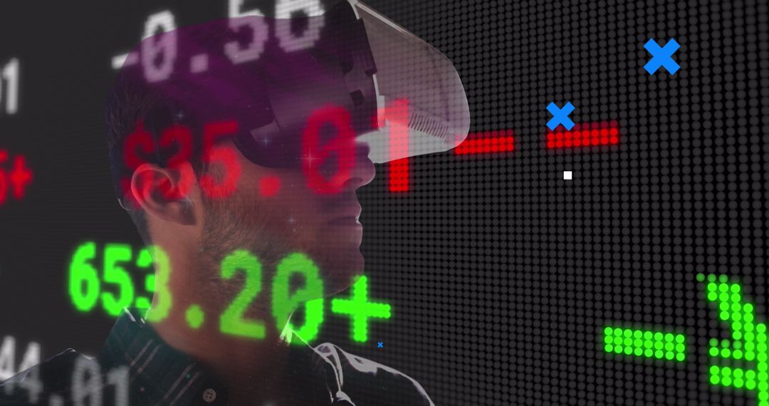 Man with VR Headset Immersed in Digital Stock Market Display