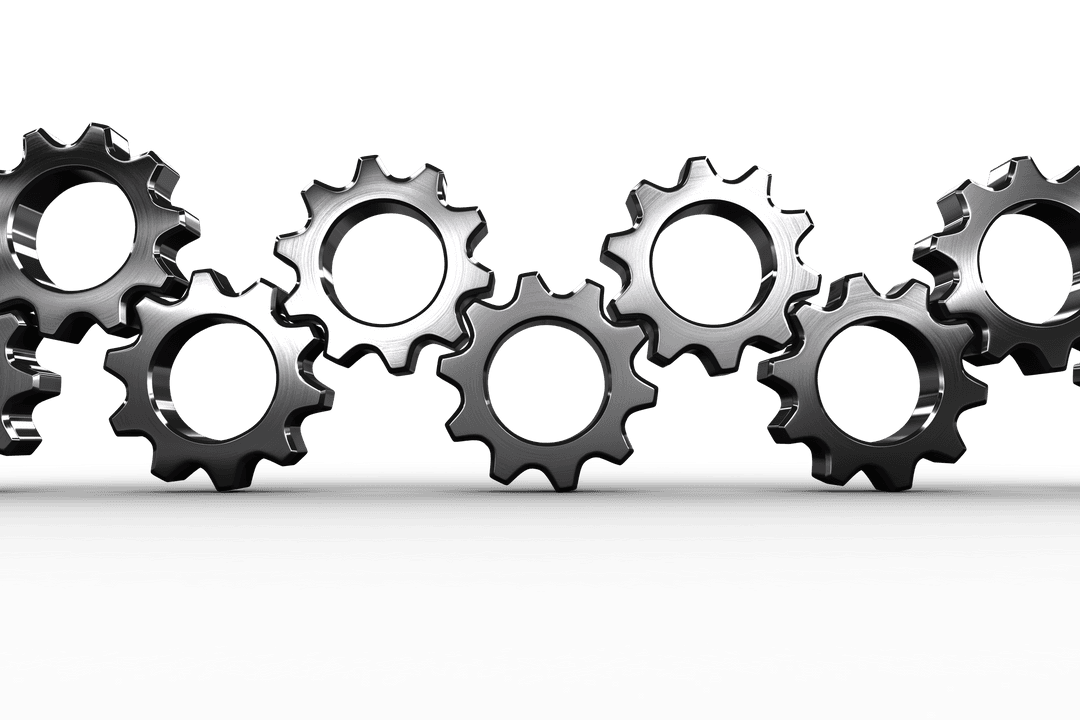 Interlocking Transparent Metal Cogs on Black Background