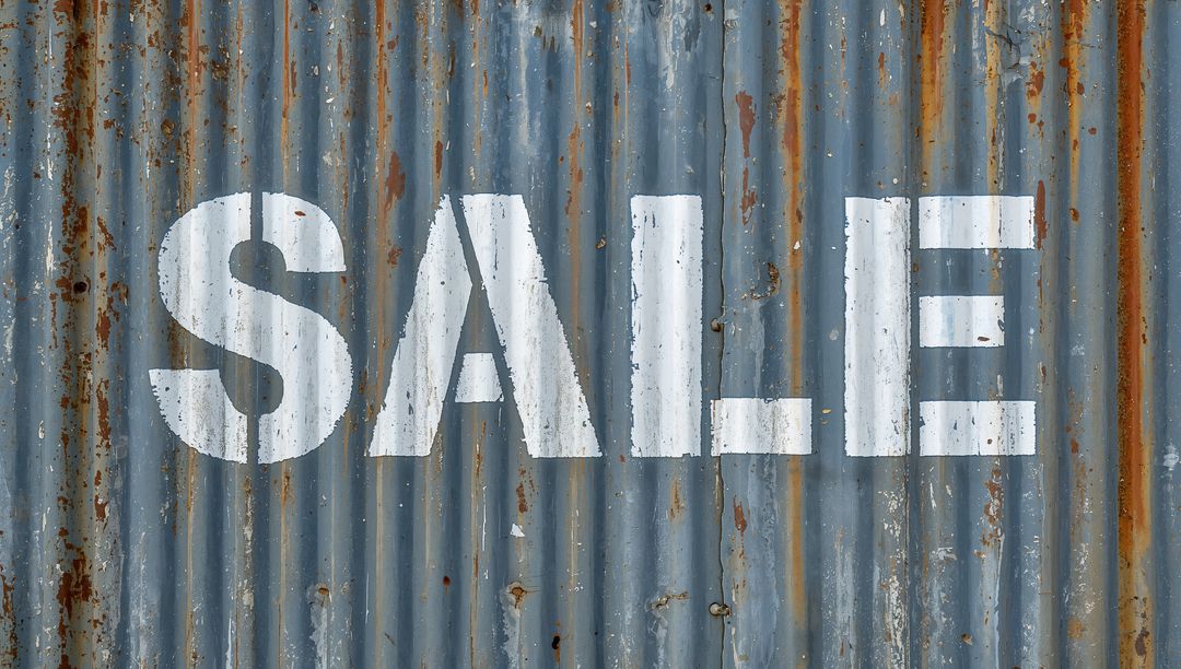 Weathered Corrugated Metal Displaying Large SALE Stencil with Rust and Peeling Paint