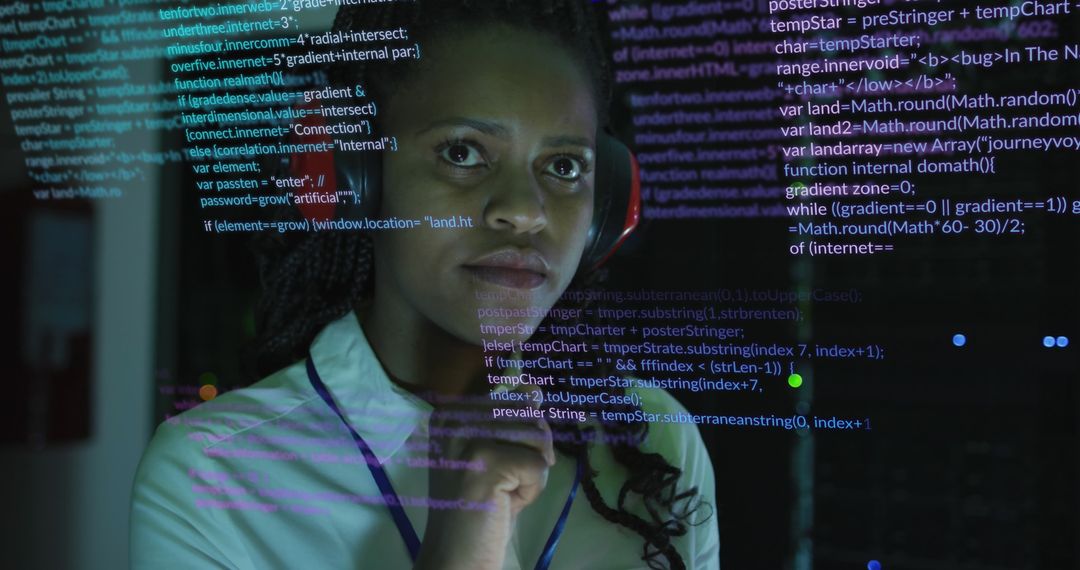 Female IT Engineer Analyzing Code Amidst Data Streams