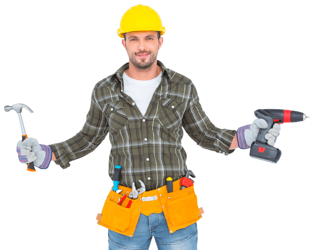 Smiling Handyman Holding Hammer and Drill on Transparent Background