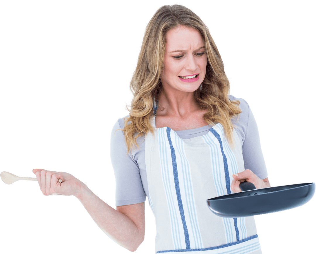Frustrated Woman Holding Frying Pan and Spoon Transparent Background