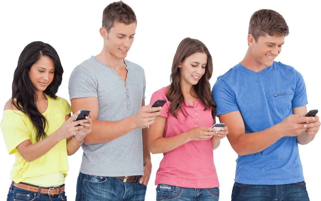 Young Friends Texting Together On Transparent Background
