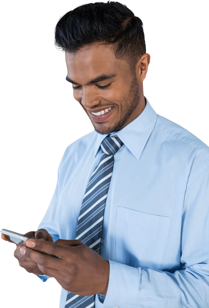Transparent Smiling Businessman Checking Mobile Phone