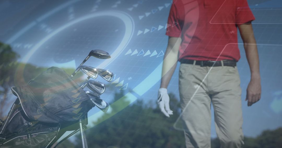 Golfer on Fairway with Clubs and Digital Tech Overlay