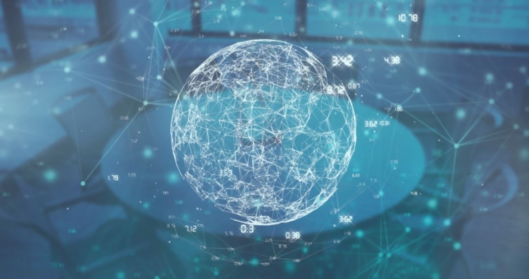 Digital Network Sphere Overlaying Modern Office Setting