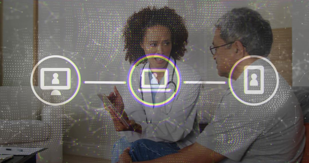 Consultant Guiding Client with Technology Overlay in Modern Lounge