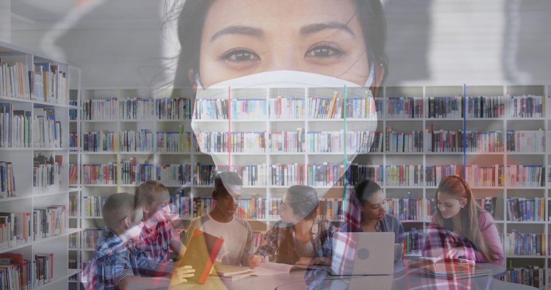 Masked Woman and Diverse Students Studying in Library Composite