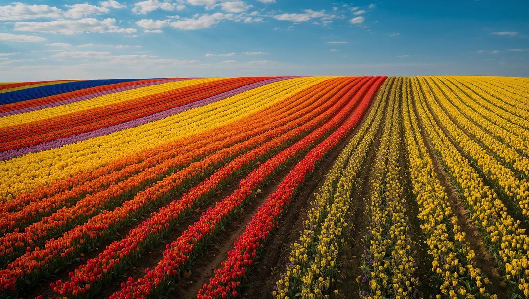 Colorful Rows of Tulips in Bloom Across Scenic Farmland
