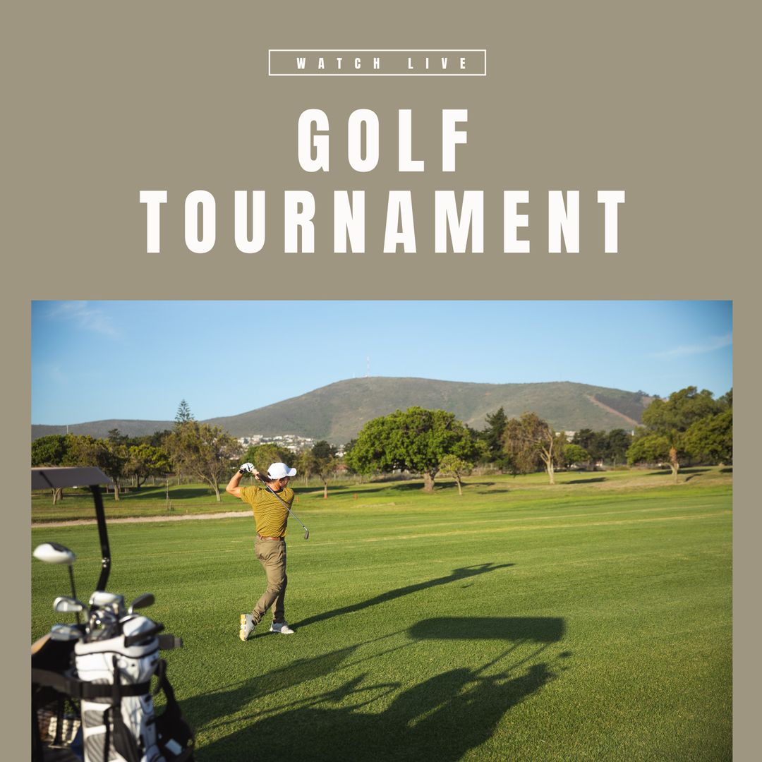 Golfer Teeing Off on Green Course with Majestic Mountains