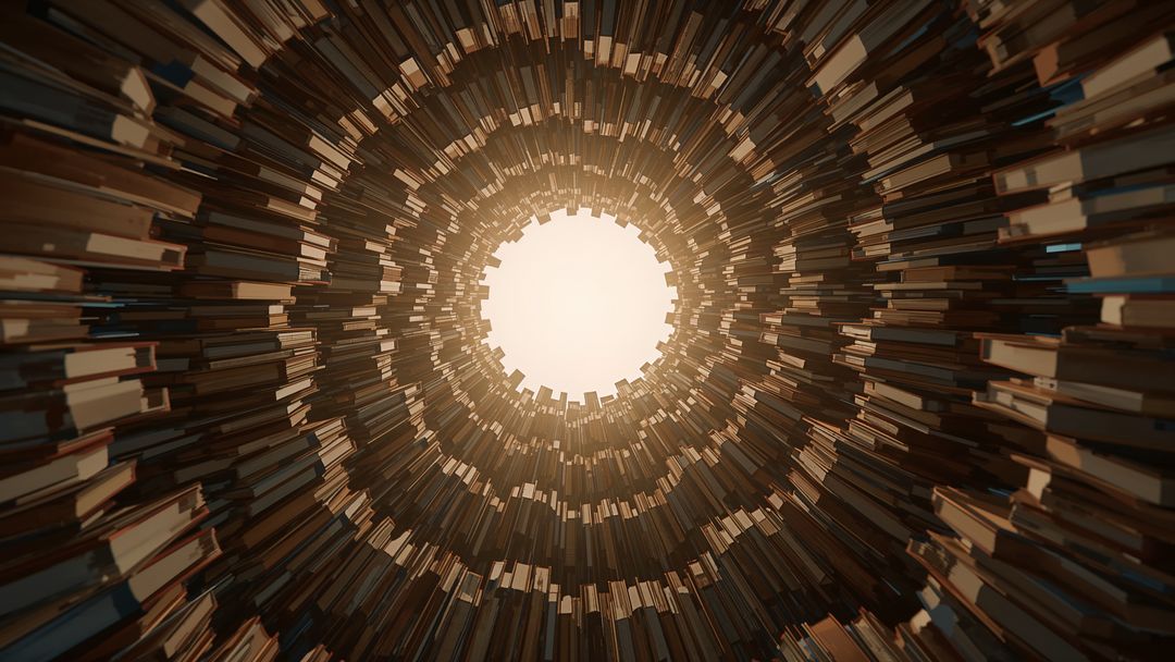 Futuristic Tunnel of Concentric Book Stacks with Radiant Glow