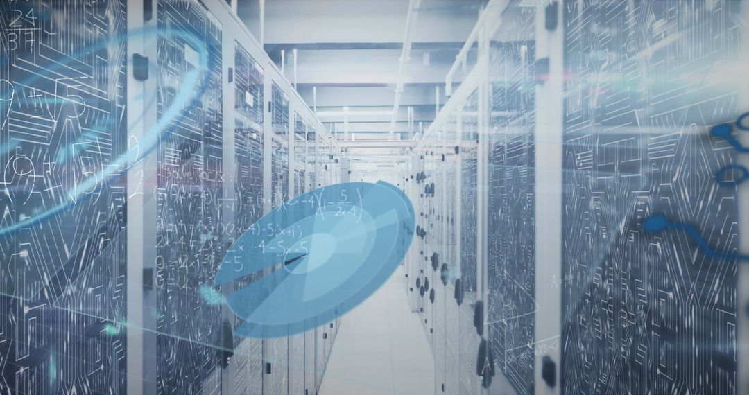Digital Data Streams in Advanced Server Room with Mathematical Overlay