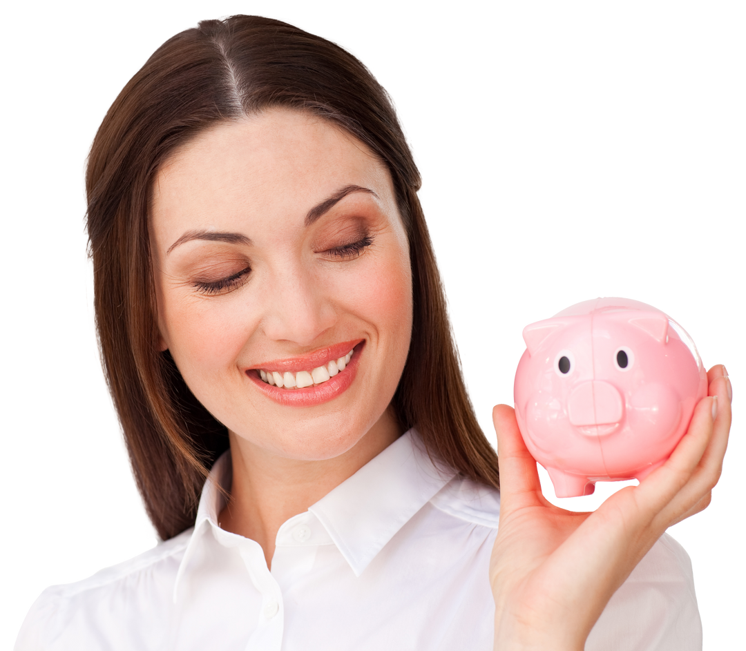 Transparent Confident Businesswoman Holding Pink Piggy Bank, Representing Saving Money - Download Free Stock Images Pikwizard.com