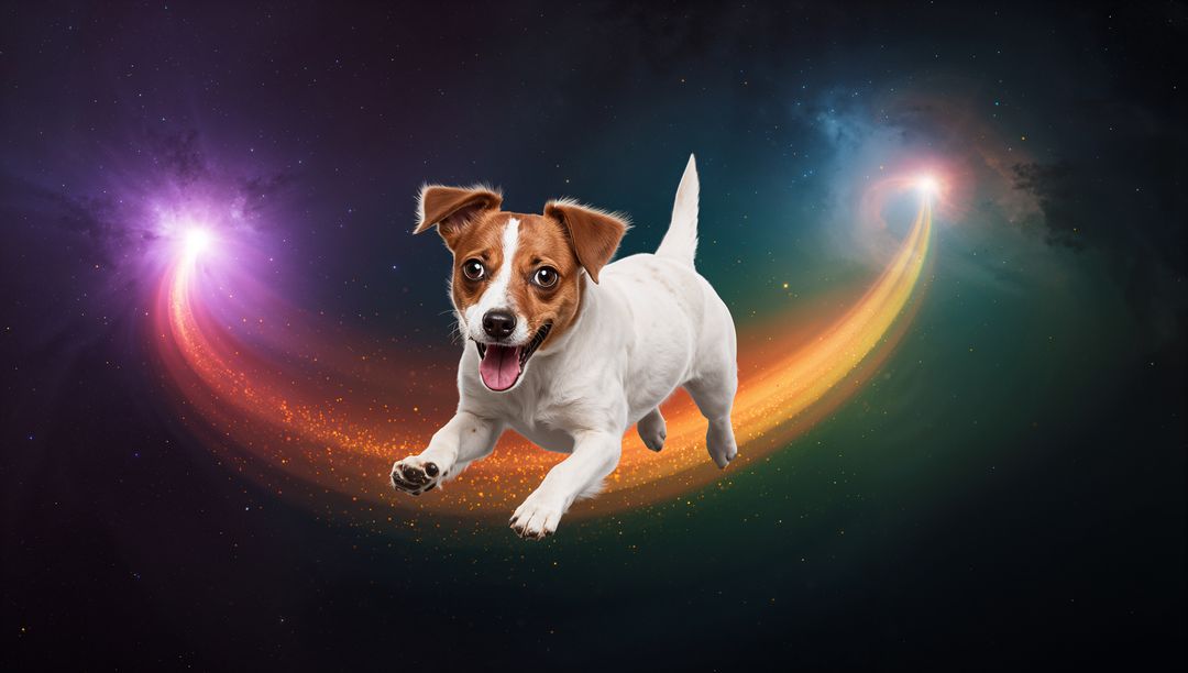 Leaping Jack Russell Terrier Soaring Through Cosmic Nebula with Golden Comet Trail