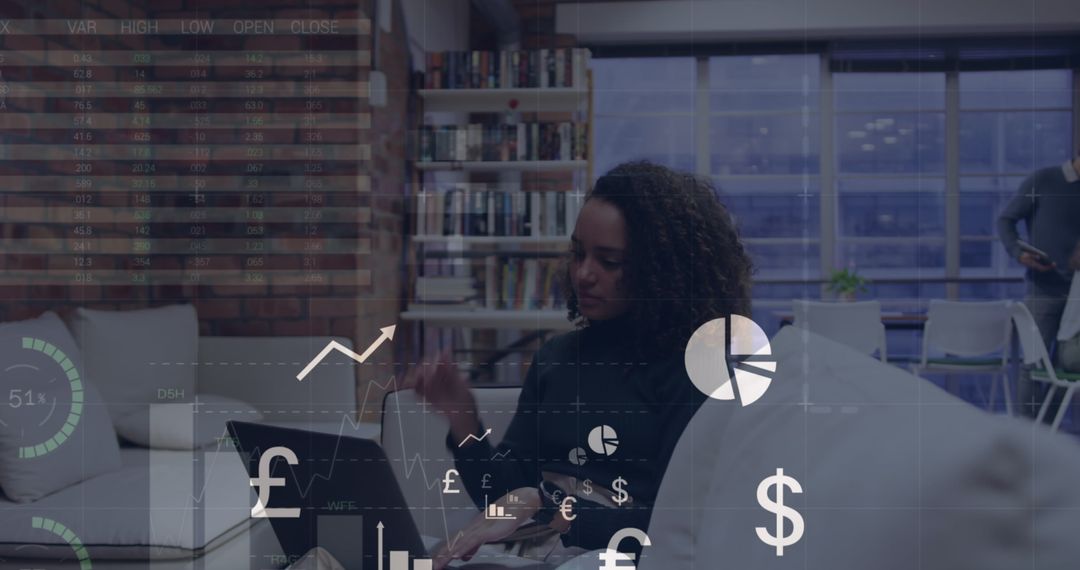 Biracial Businesswoman Analyzing Financial Data in Modern Office Setting