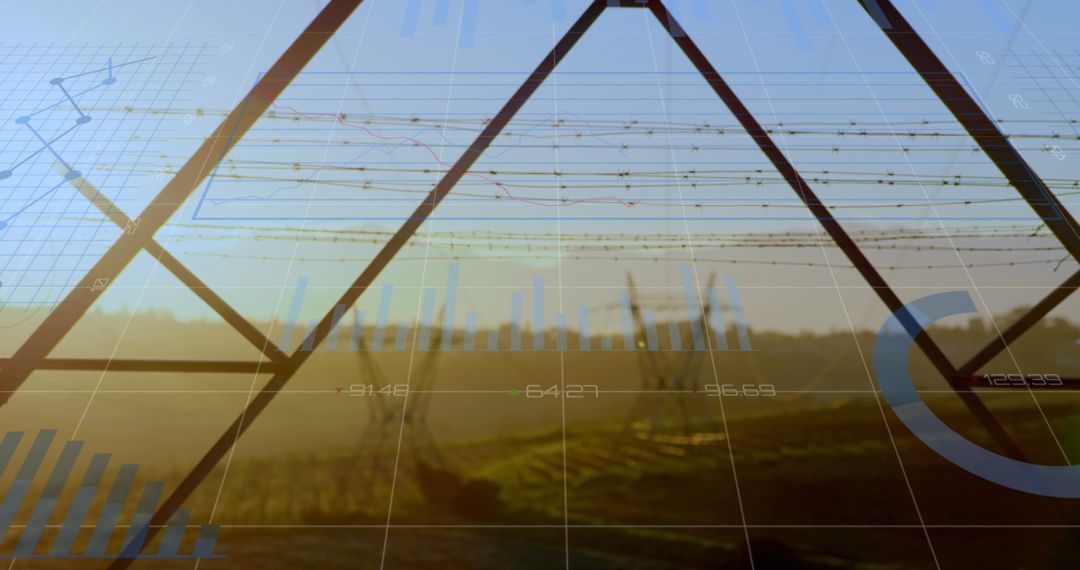Financial Graphs Overlaid on Electrical Grids at Sunset
