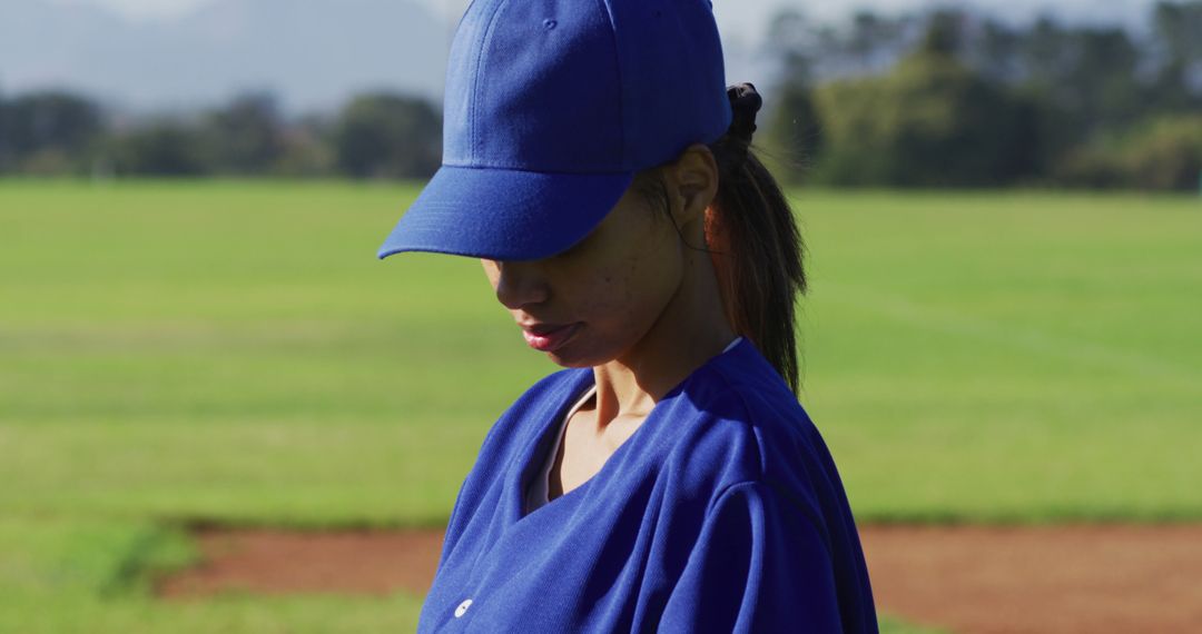 Female Baseball Player Wearing Blue Uniform Standing on Field - Free Images, Stock Photos and Pictures on Pikwizard.com