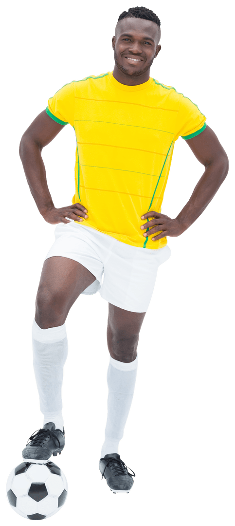 African Male Soccer Player Posing with Ball on Transparent Background