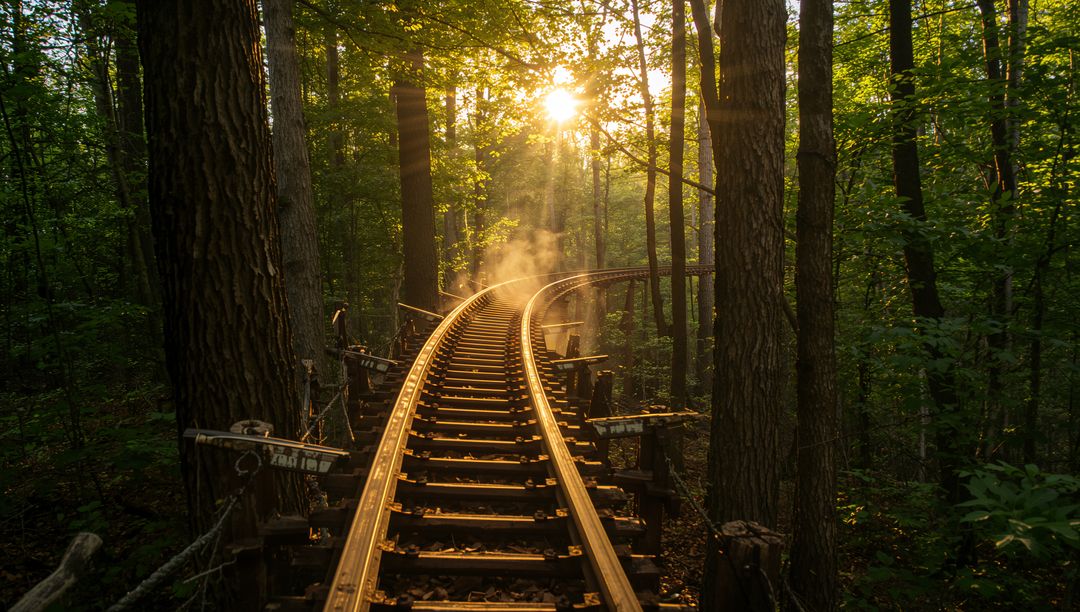 Mystical Forest Railway with Sunlit Mist and Winding Tracks