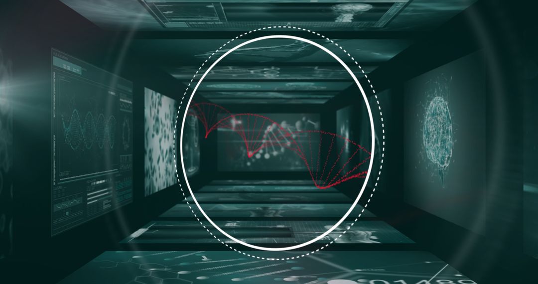Futuristic DNA Helix Visualization in High-Tech Data Space