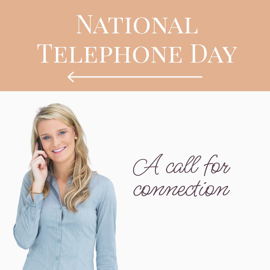 Smiling Woman Celebrates National Telephone Day Talking on Smartphone