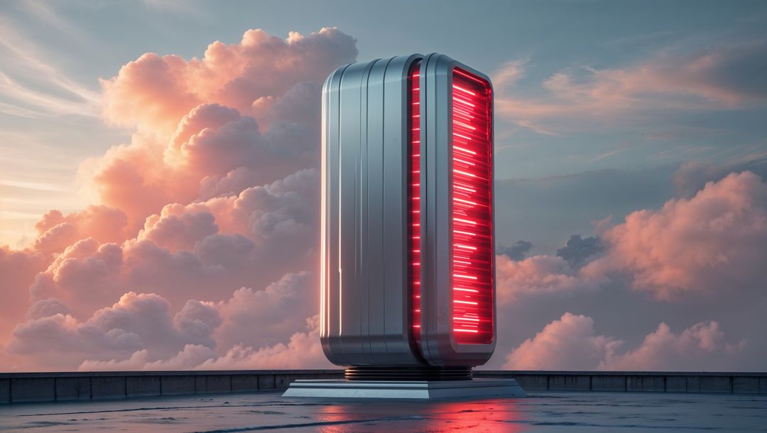 Futuristic metallic red alert monolith with neon glow amidst cloudy sunset