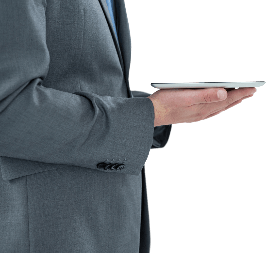 Businessman Holding Transparent Tablet in Profile Pose