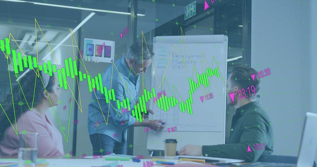 Caucasian Man Presenting with Overlayed Stock Data Charts