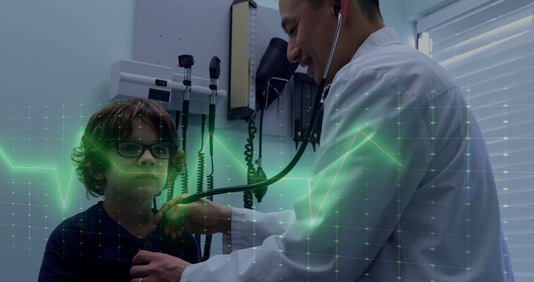 Doctor Using Stethoscope with Child and Digital Cardiograph Overlay
