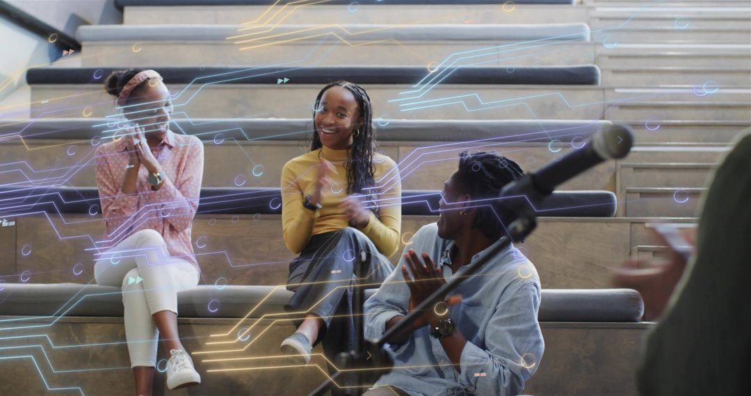 Applauding audience on tiered benches during interactive tech presentation with AR overlay