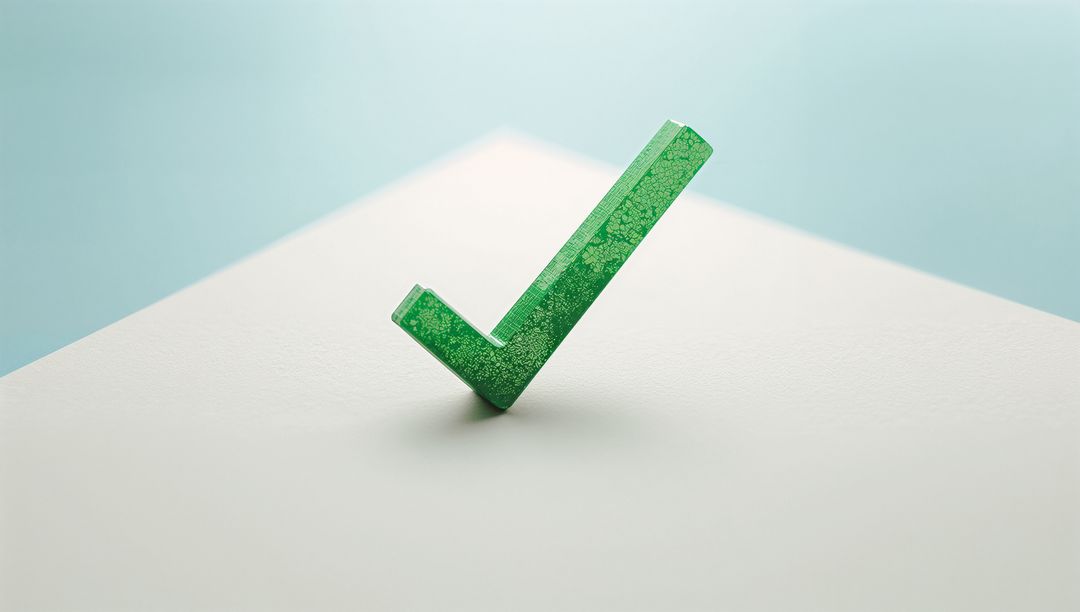 3D Green Checkmark on Off-White Surface With Blue Backdrop