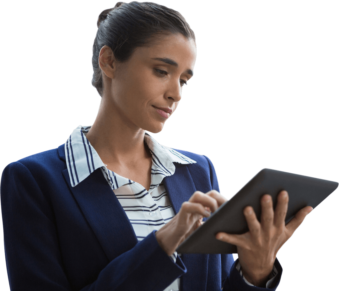 Businesswoman Navigating Digital Tablet on Transparent Background