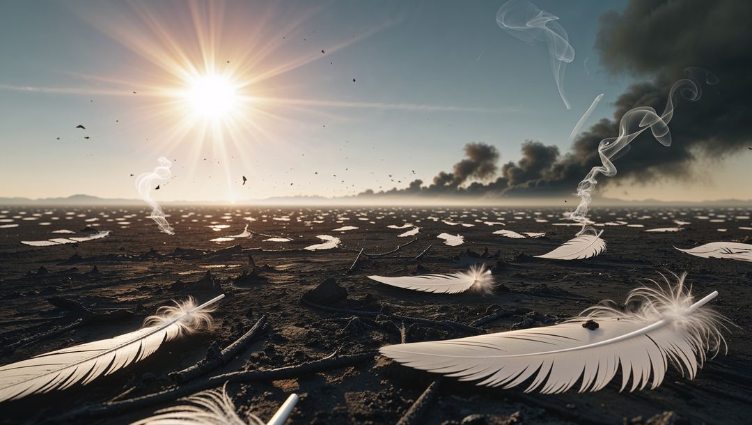 Symbolic large white feather over cracked earth in desolate hell