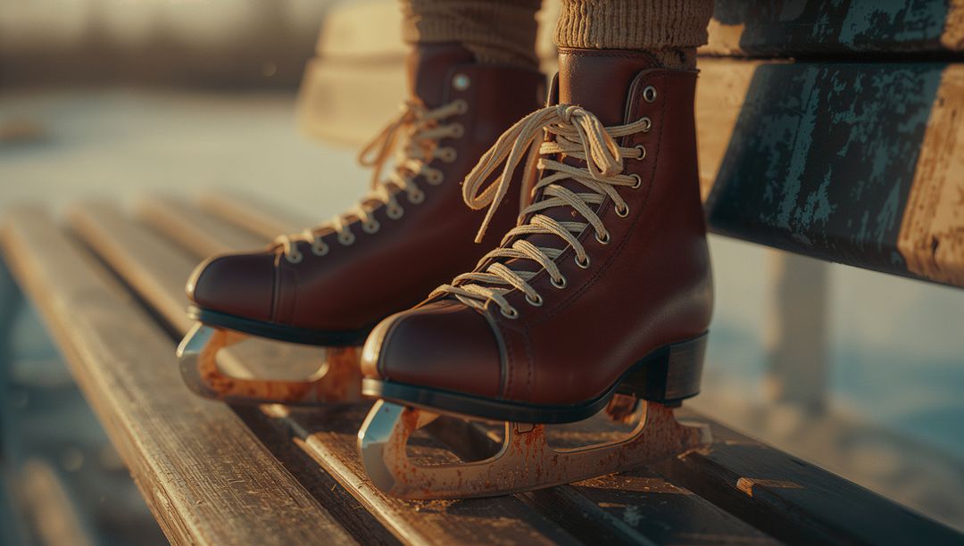 Vintage Ice Skates Resting on Rustic Outdoor Bench