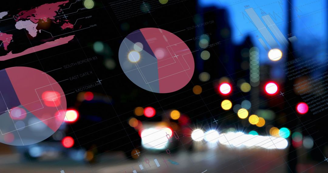 Digital Statistics Overlaying Urban Cityscape with Bokeh Lights