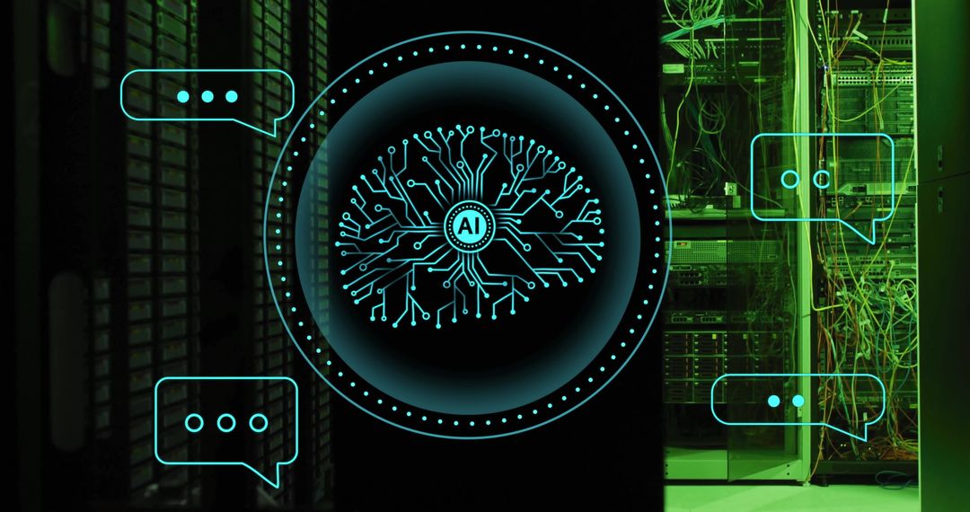 AI Brain Network Overlaid on Server Room Background
